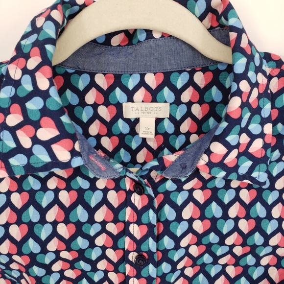 Talbots Heart Print Button Down Blouse Sz SP - Picture 2 of 8